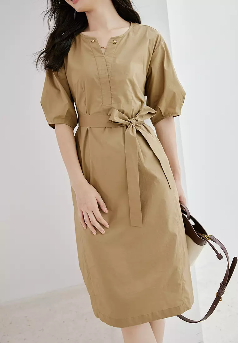 Puff Sleeve V-Neck A-Line Dress with Waist Belt