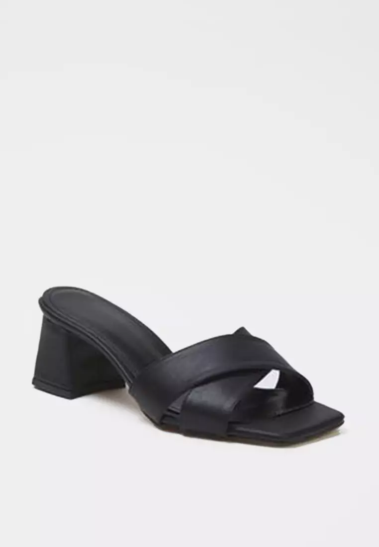 Black Cross Banded Women's Block Heels Slippers Takss25To00101