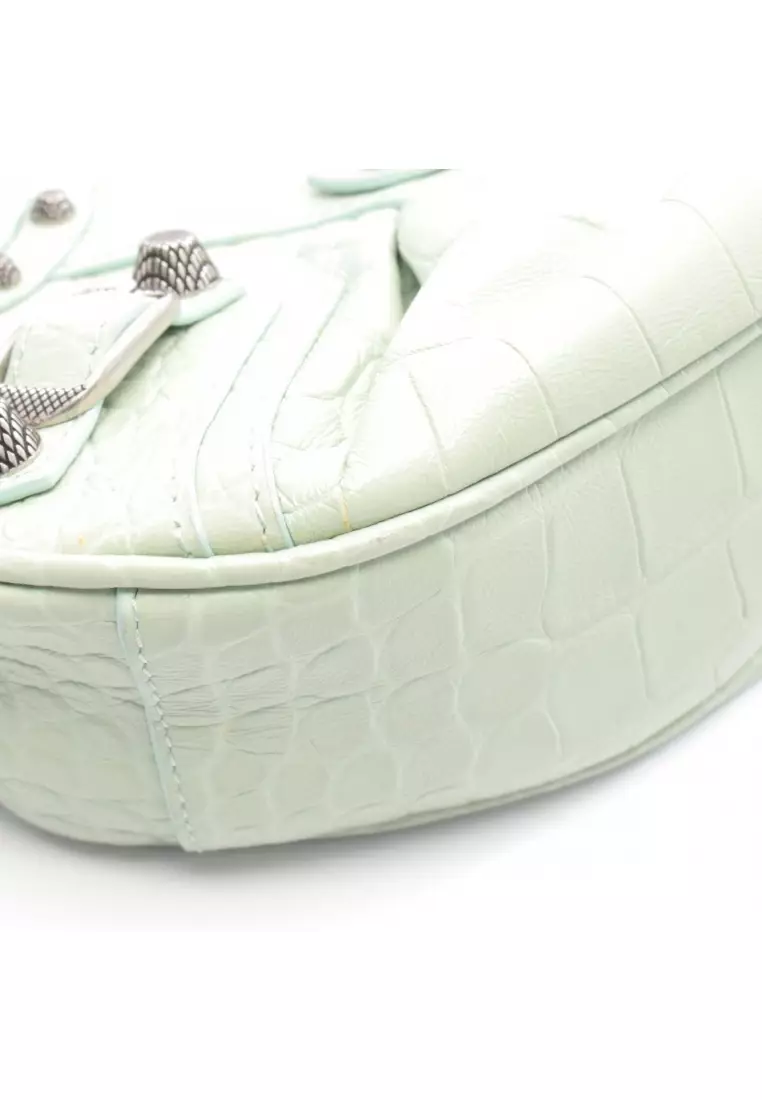 Pre-Loved BALENCIAGA LE CAGOLE Le Cagoule Shoulder bag leather Light green croc embossed