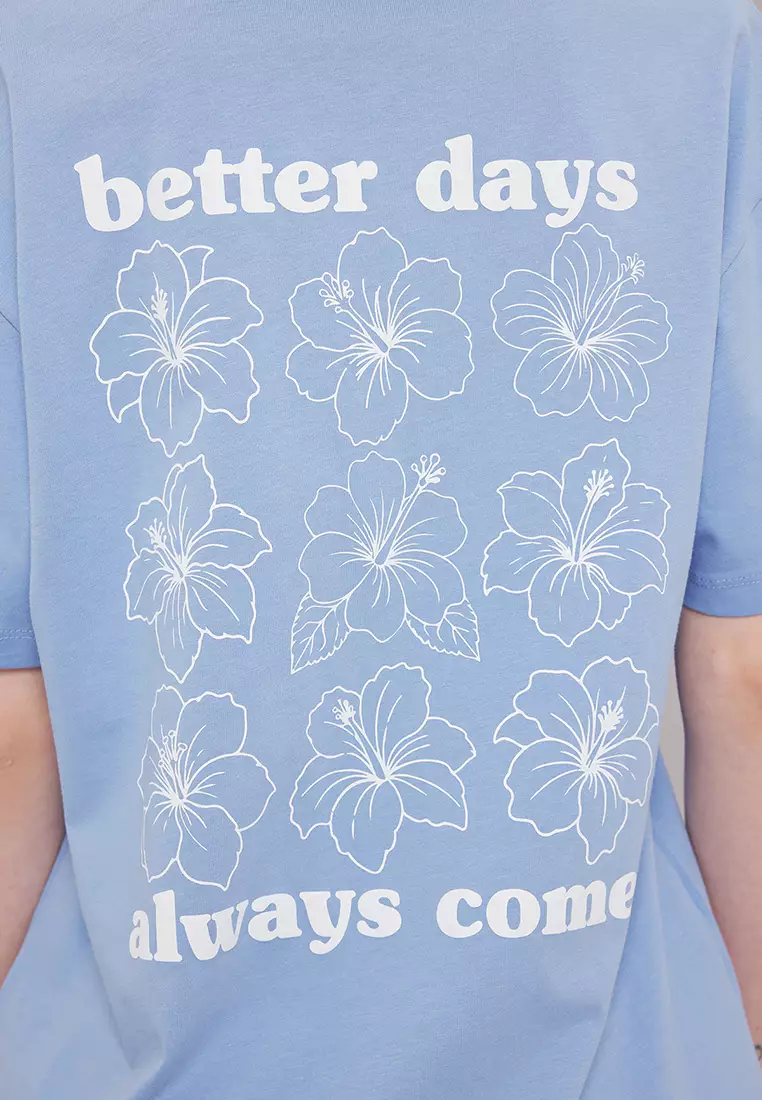 Light Blue Oversize/Wide Pattern Front Back Printed Knitted T-Shirt