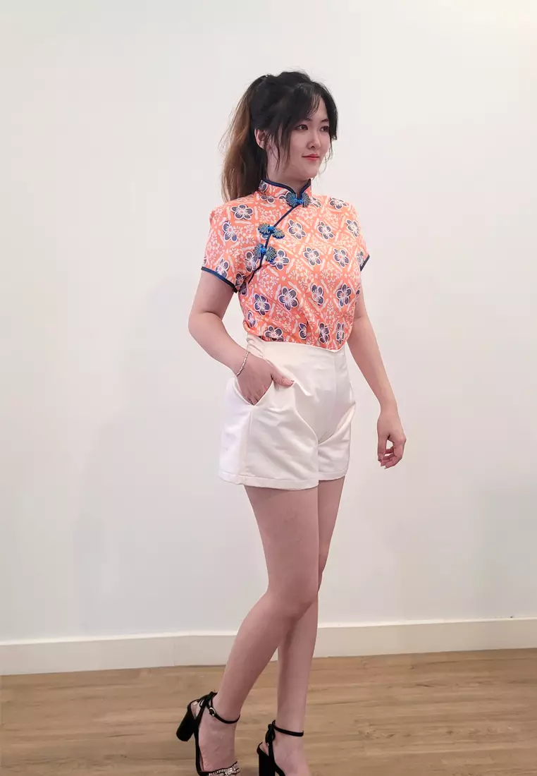 Ivory Cheongsam Cap Sleeves Top Orange Blue Stamped Batik