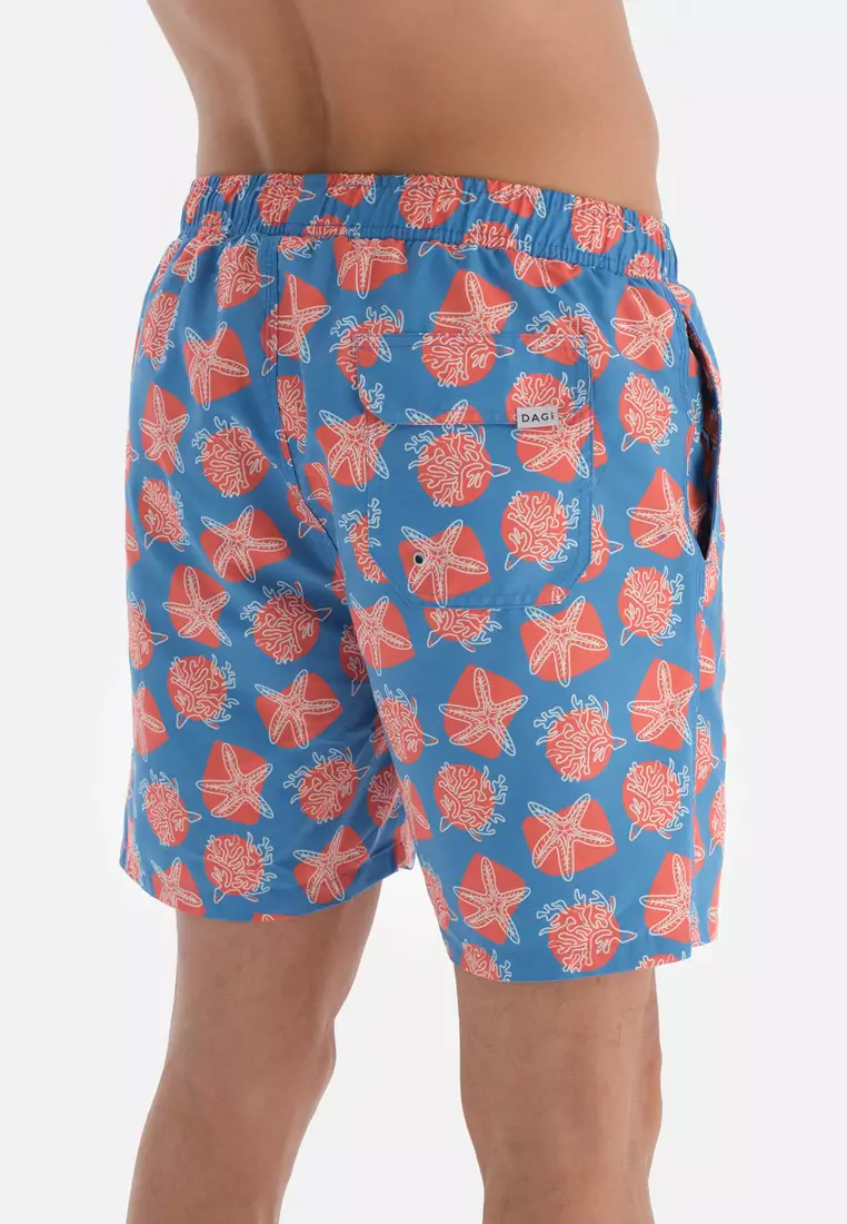 Blue - Salmon Shorts, Coral Printed, Regular Leg, Swimwear for Men