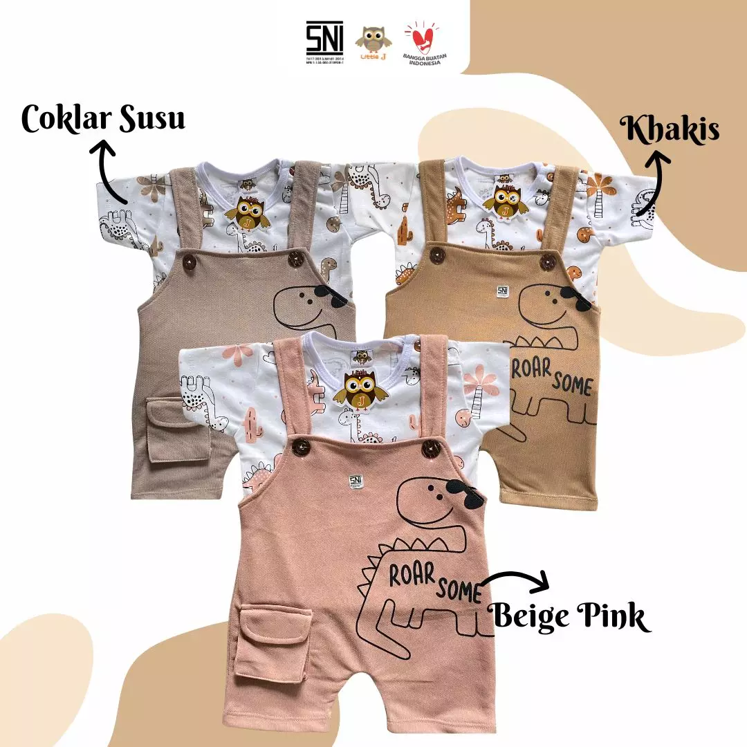 Little J - (KODE 665) Setelan Overall Anak Motif Dinosaurus + Kaos – Baju Bayi Laki-Laki 1-2 Tahun Kekinian