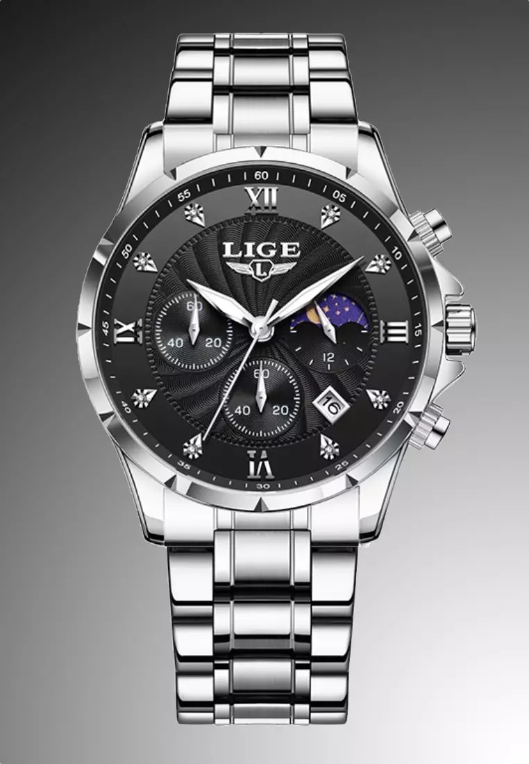 Chronograph Unisex Stainless Steel Quartz Watch, black dial, on Steel Bracelet