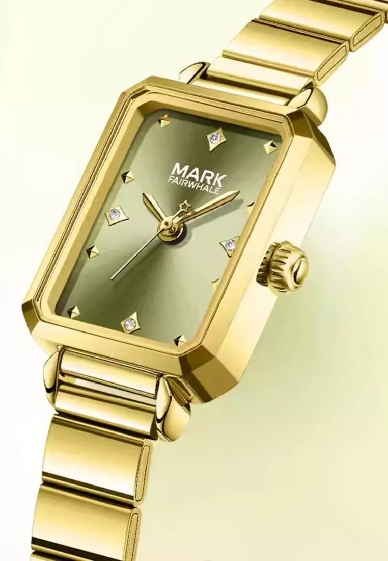 Ladies Alloy Quartz Watch, 32mm Watch Case Height, Gold Color Stainless Steel Bracelet, Olive Green Dial