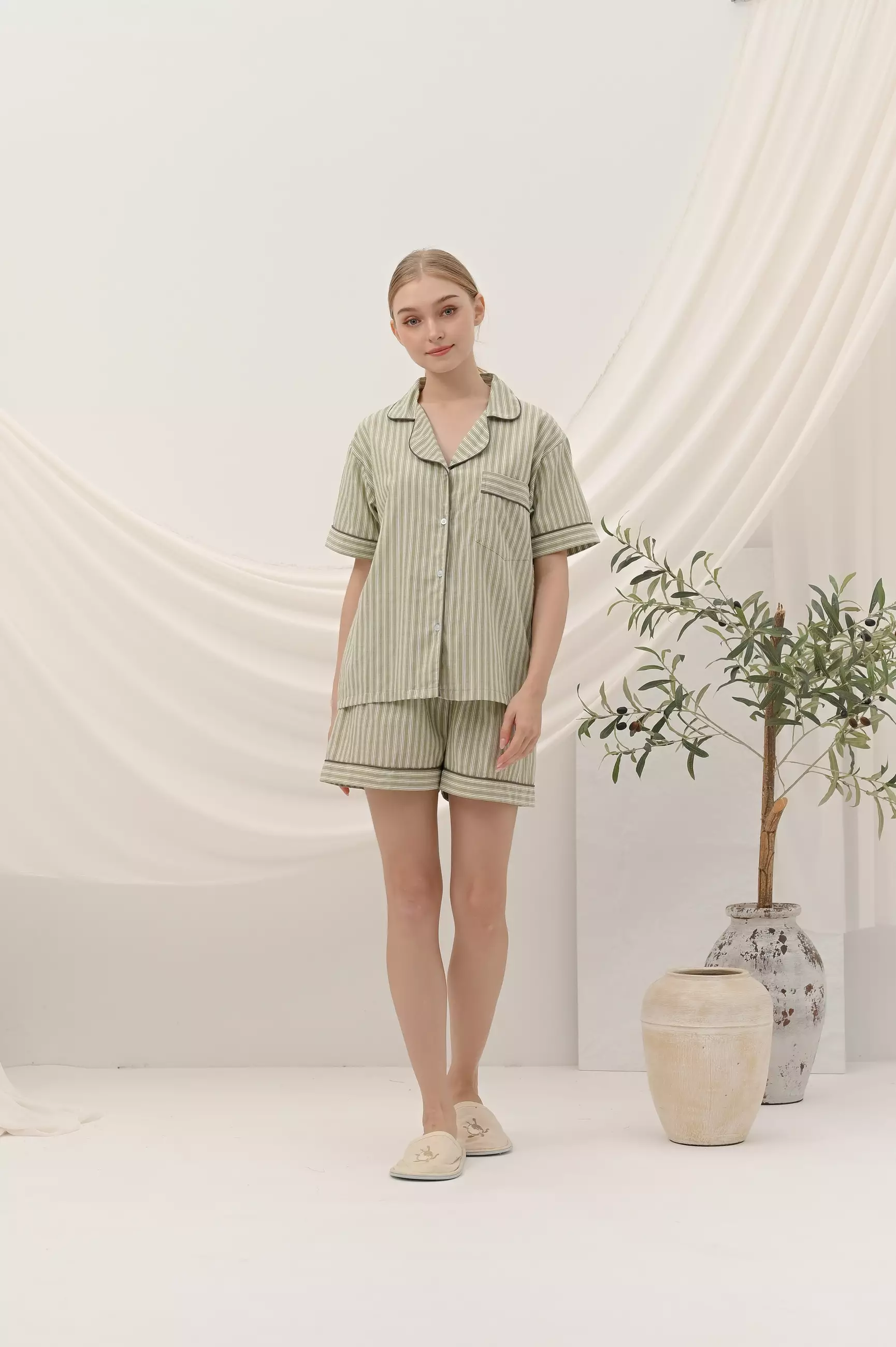 One Set Piyama Katun Celana Pendek - Stripe Lemongrass | Baju Tidur Sleepwear Wanita