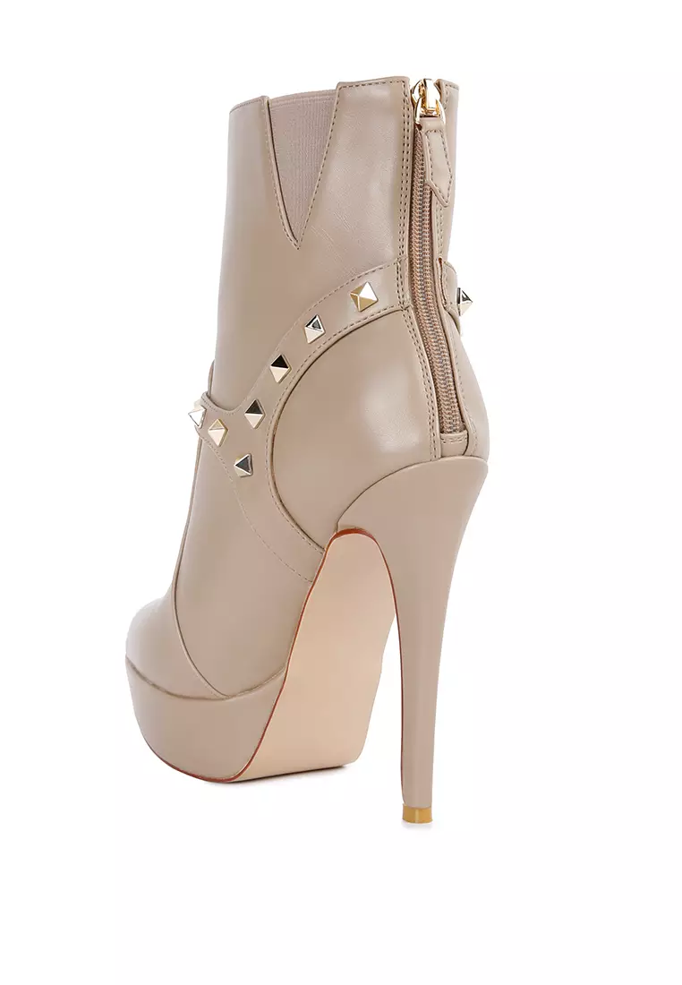 Taupe Metal Stud faux Leather Ankle Boot