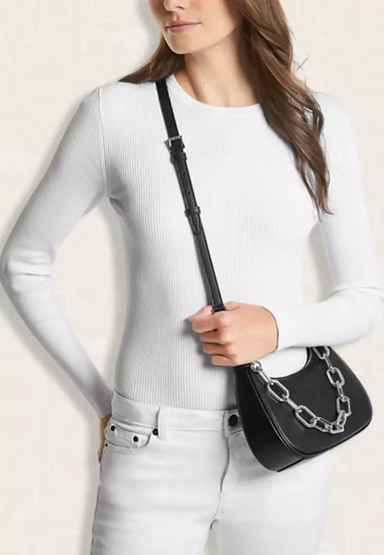 Michael Kors Cora Medium Pebbled Leather Shoulder Bag Silver Black