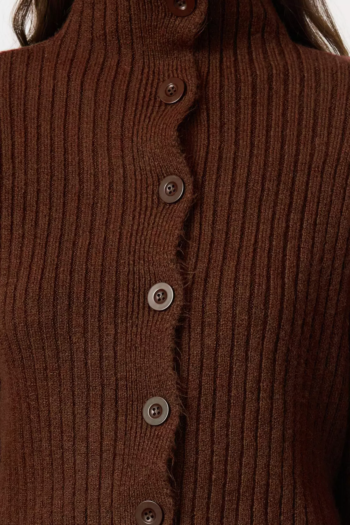 Brown Crop Soft Textured Stand Collar Knitwear Cardigan