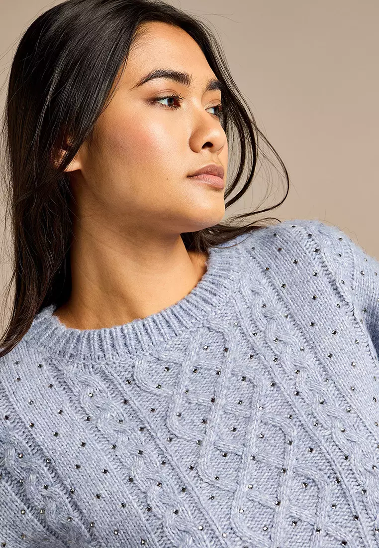 Jerica Blue Wool Cable Knit Diamante Jumper