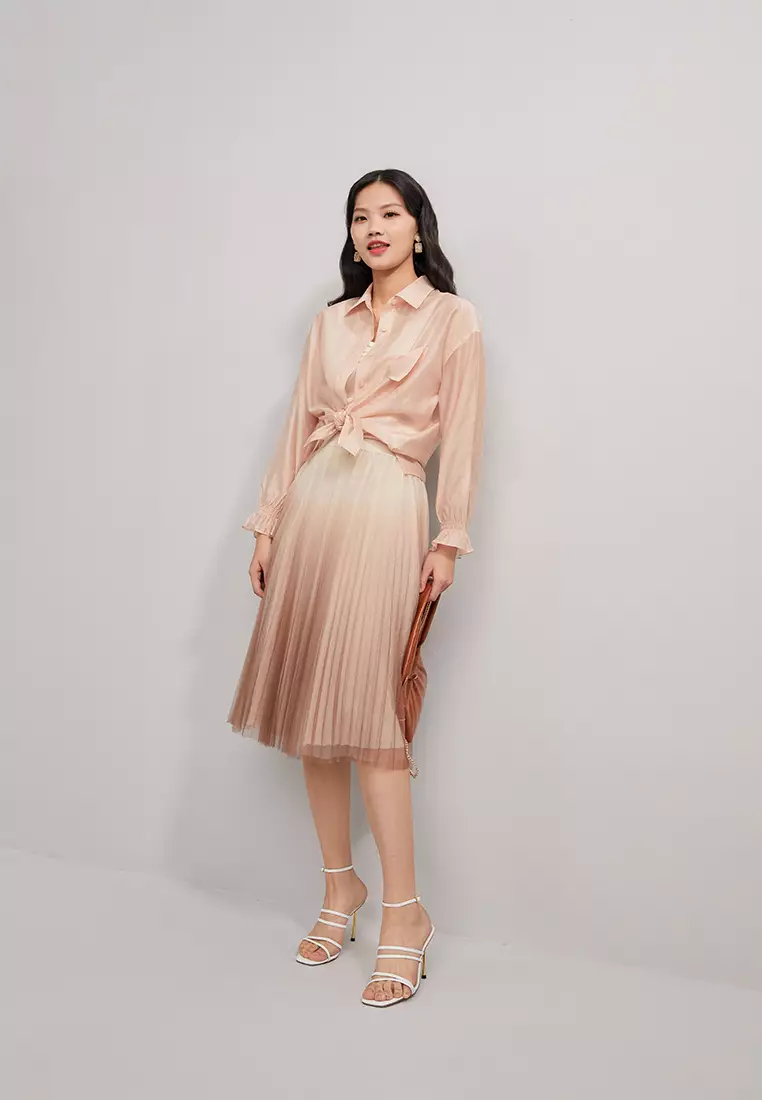 Cropped Button Blouse with Waist Tie