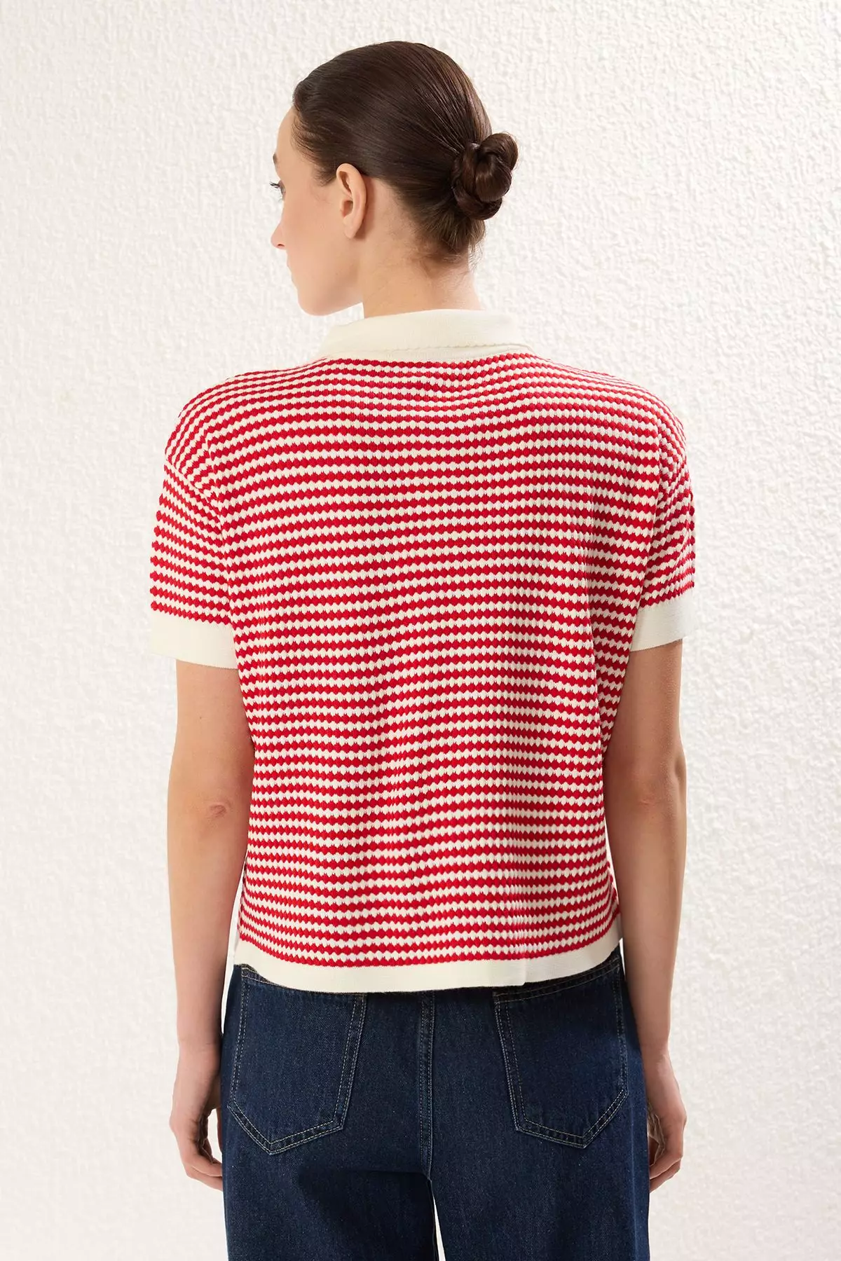 Red Polo Collar Striped Blouse Twoss25Bz00183