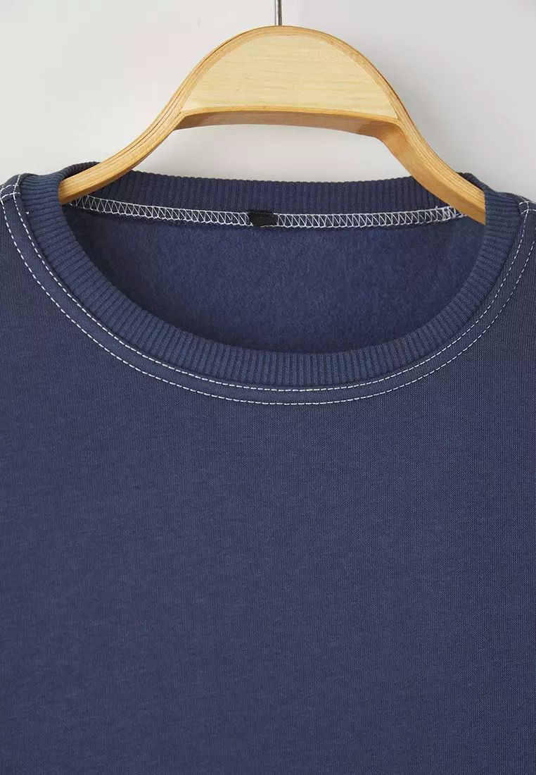 Pale Indigo Oversize/Wide Cut Contrast Stitch Detail Crew Neck Sweatshirt