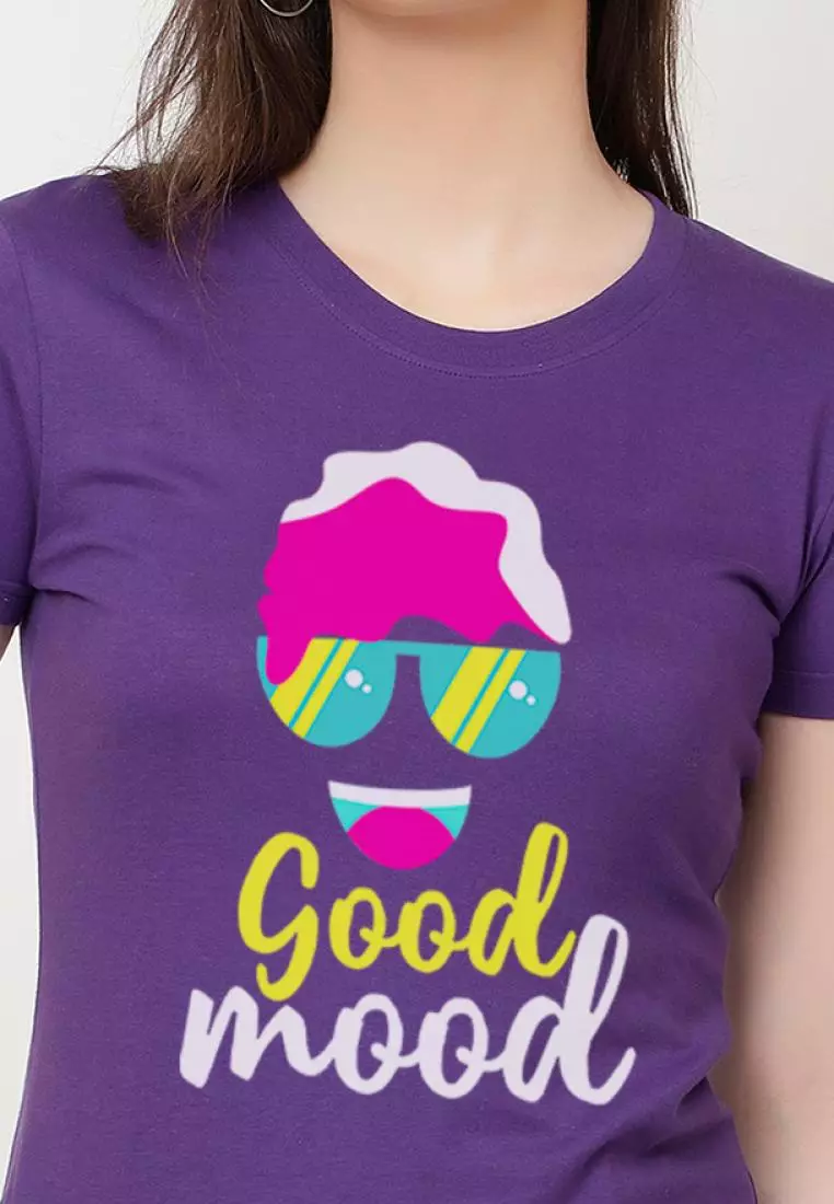 Good Mood Relaxed Short Sleeve Stylish Purple Cotton Casual Graphic Print Tee/TShirt