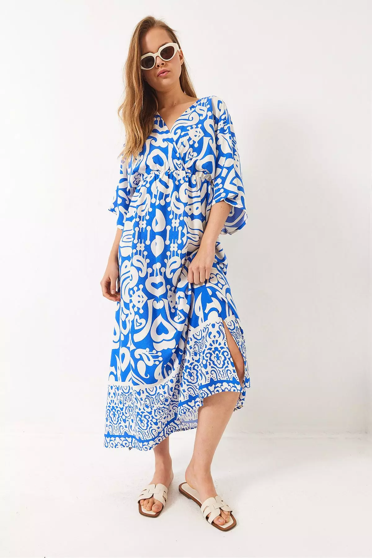 Women's Double Breasted Collar Patterned Slit Detail Woven Viscose Dress 60284018