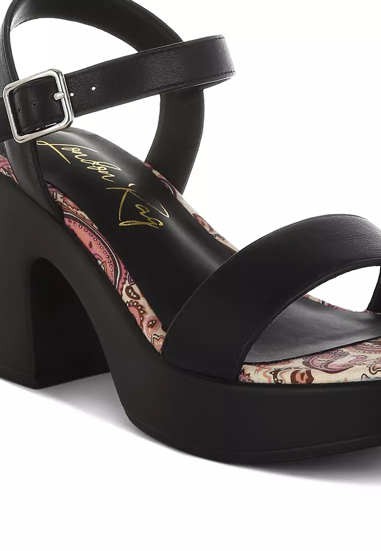 Faux Leather Pin Buckle Platform Heels in Black