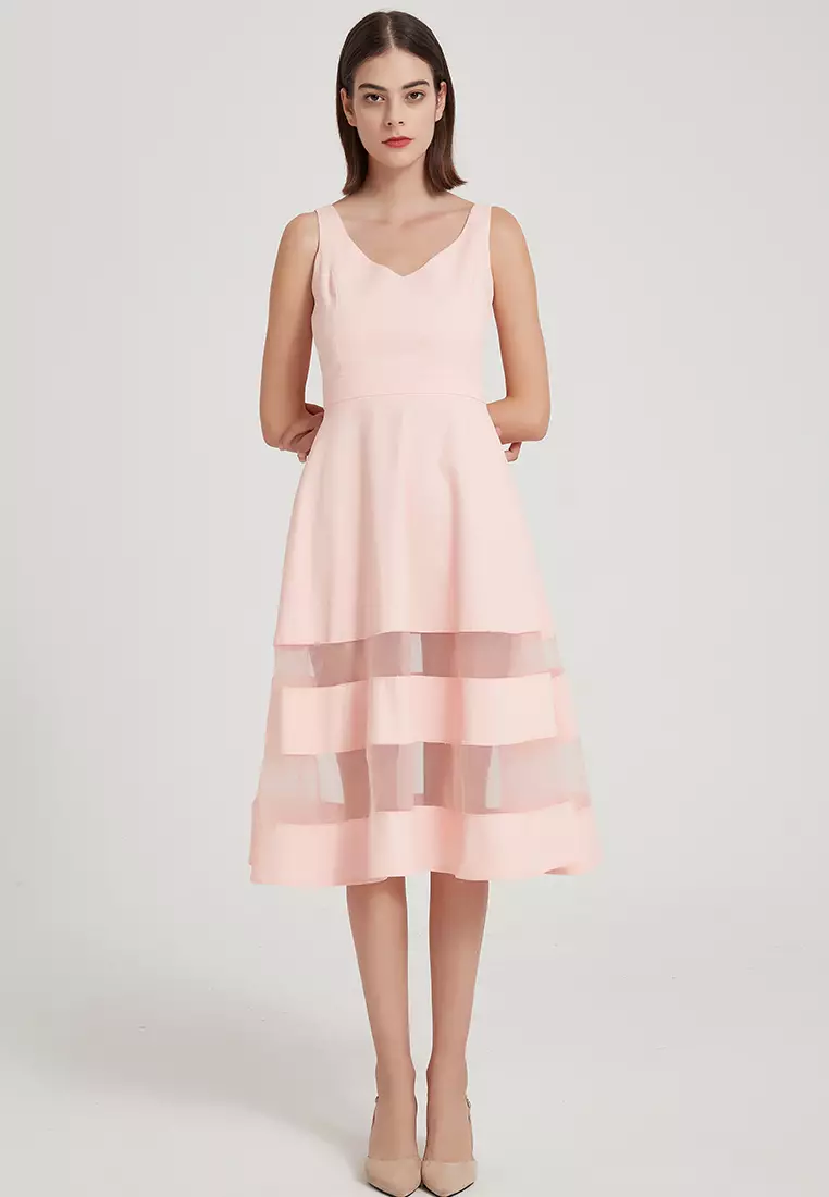 Original Design Elegant Temperament Sleeveless V-Neck Transparent Color block A-Line One Piece Dress B22041206PI