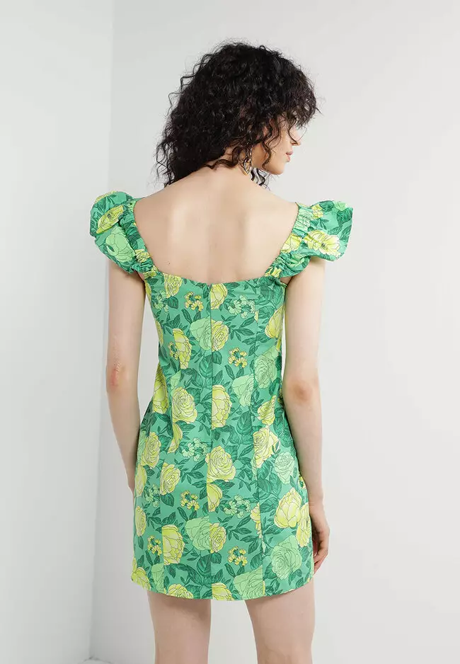 TOPSHOP Poplin Green Rose Mini Dress ZALORA