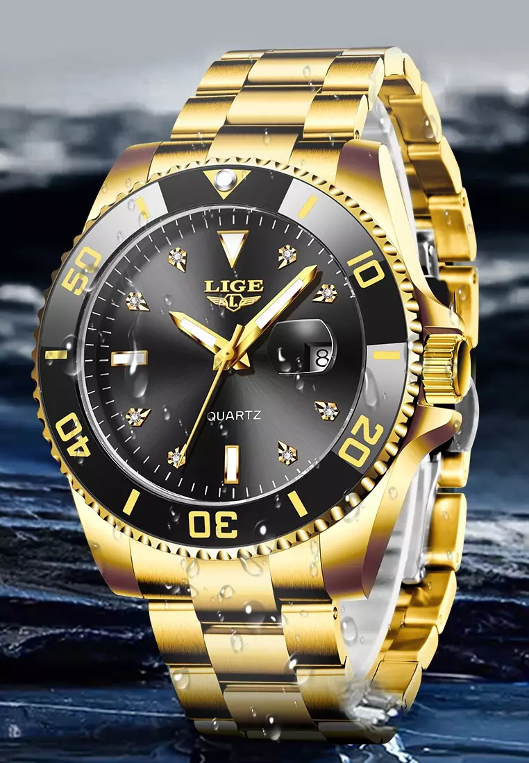 Unisex Classic Diver's IP Gold Stainless Steel Quartz Watch, IP Gold Stainless Steel Bracelet