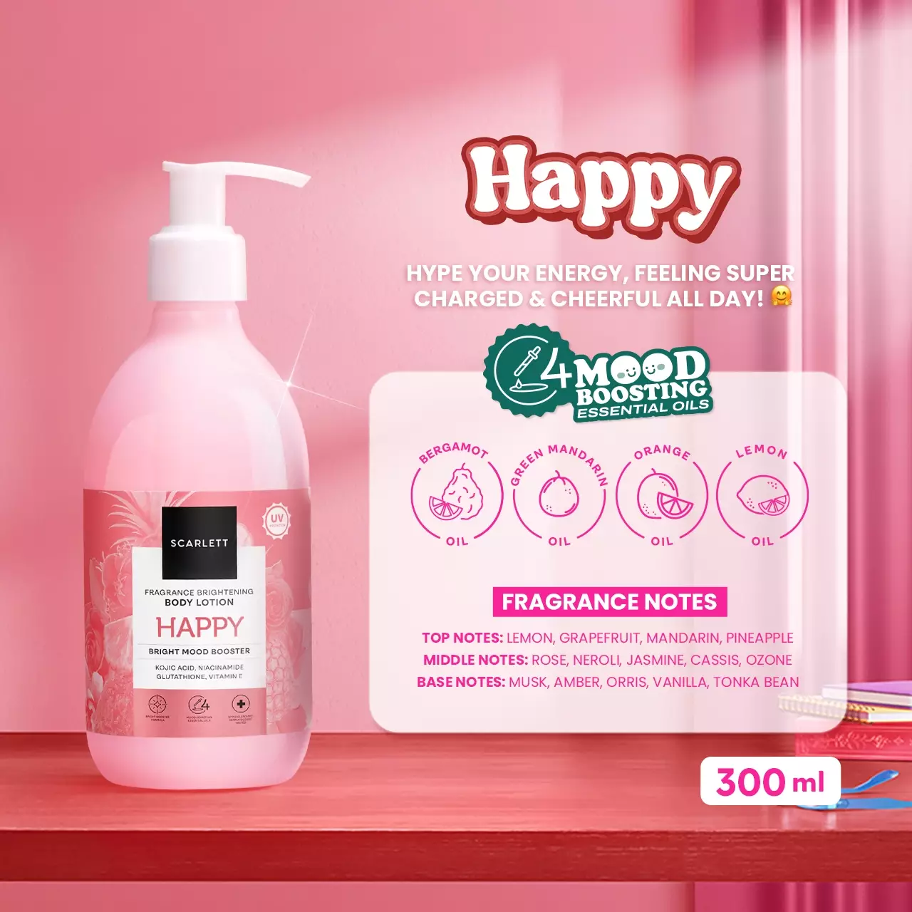 Scarlett Whitening New! Fragrance Brightening Body Lotion Bright Mood Booster (Happy)