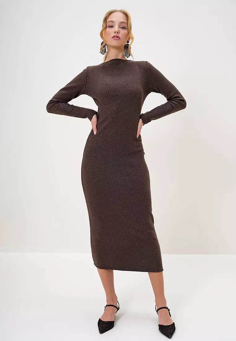 Crew Neck Long Sleeve Interlock Fabric Midi Length Dress