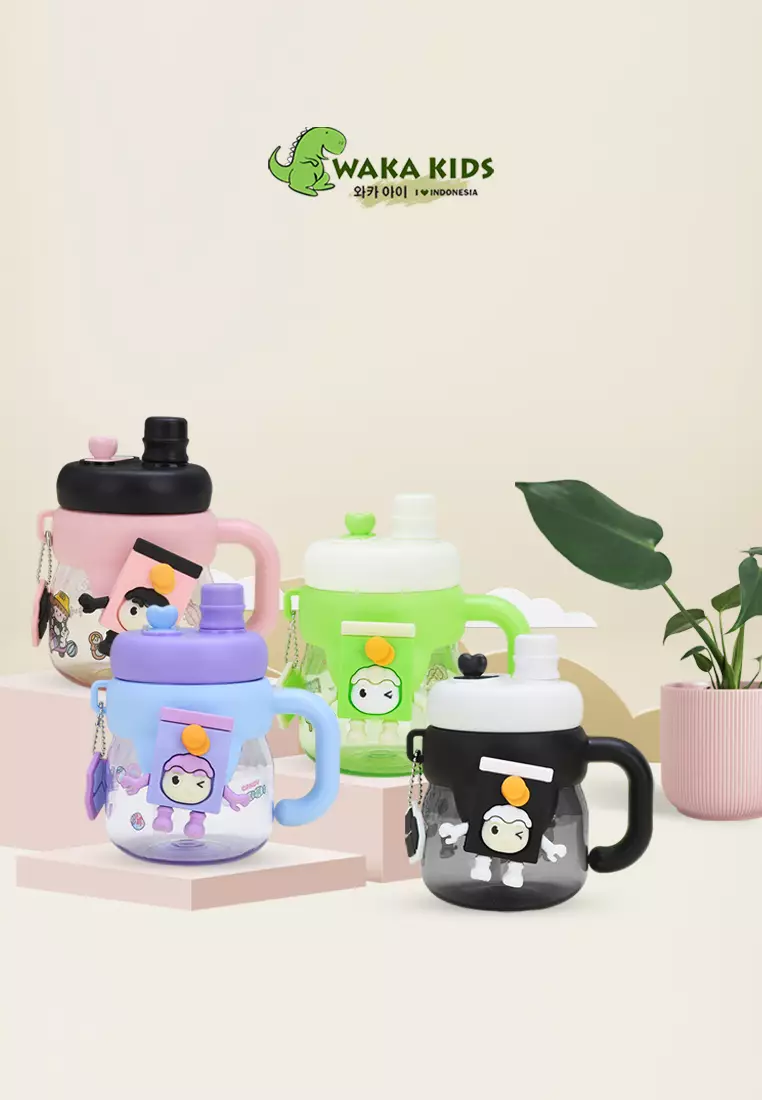 Wakakids Botol Minum Plastik Transparan Bentuk Gelas Gagang Karakter Lucu Charm 2 Cara Minum 680ml K3033 Venrc Hijau