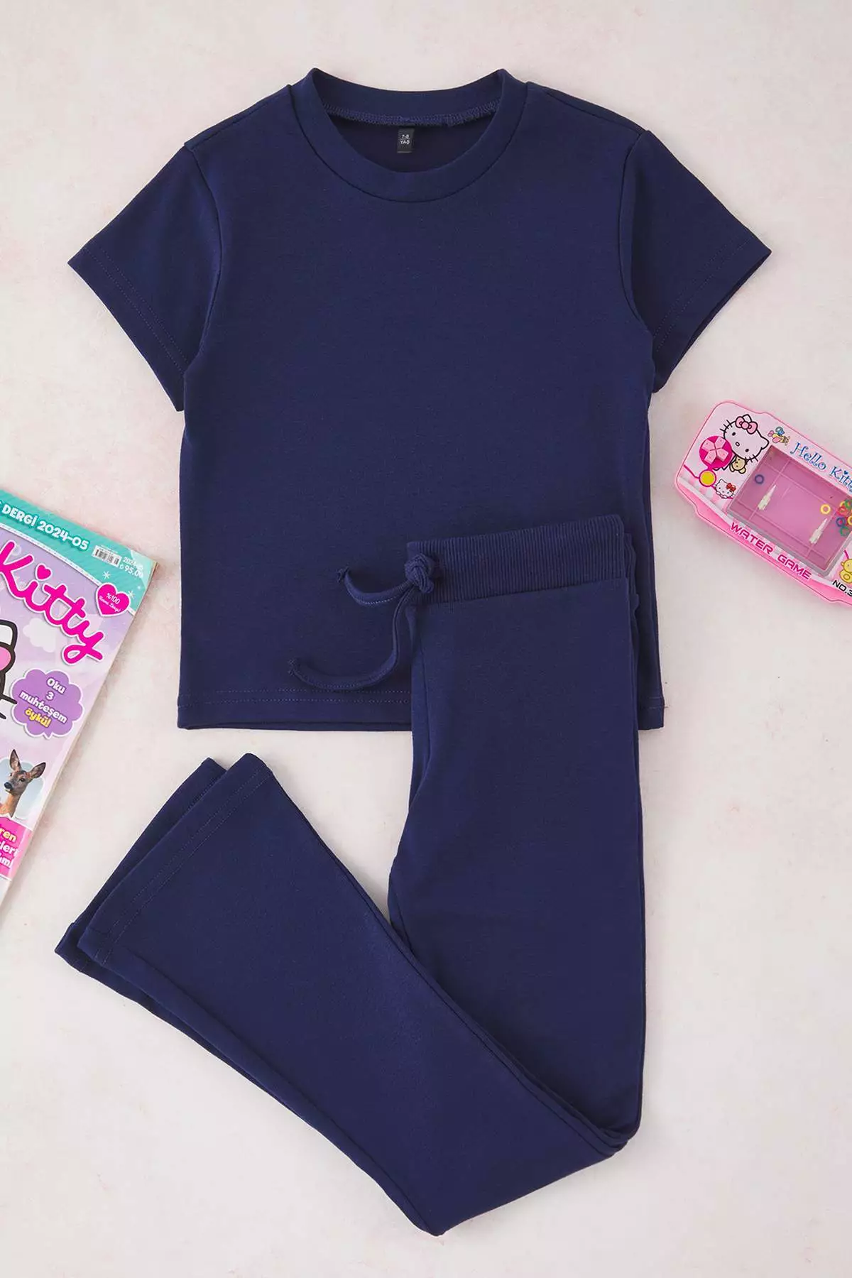 Navy Blue Girl 100% Cotton Basic Flare Leg Short Sleeve Flexible Knitted Bottom-Top Suit Tkdss25Au00136