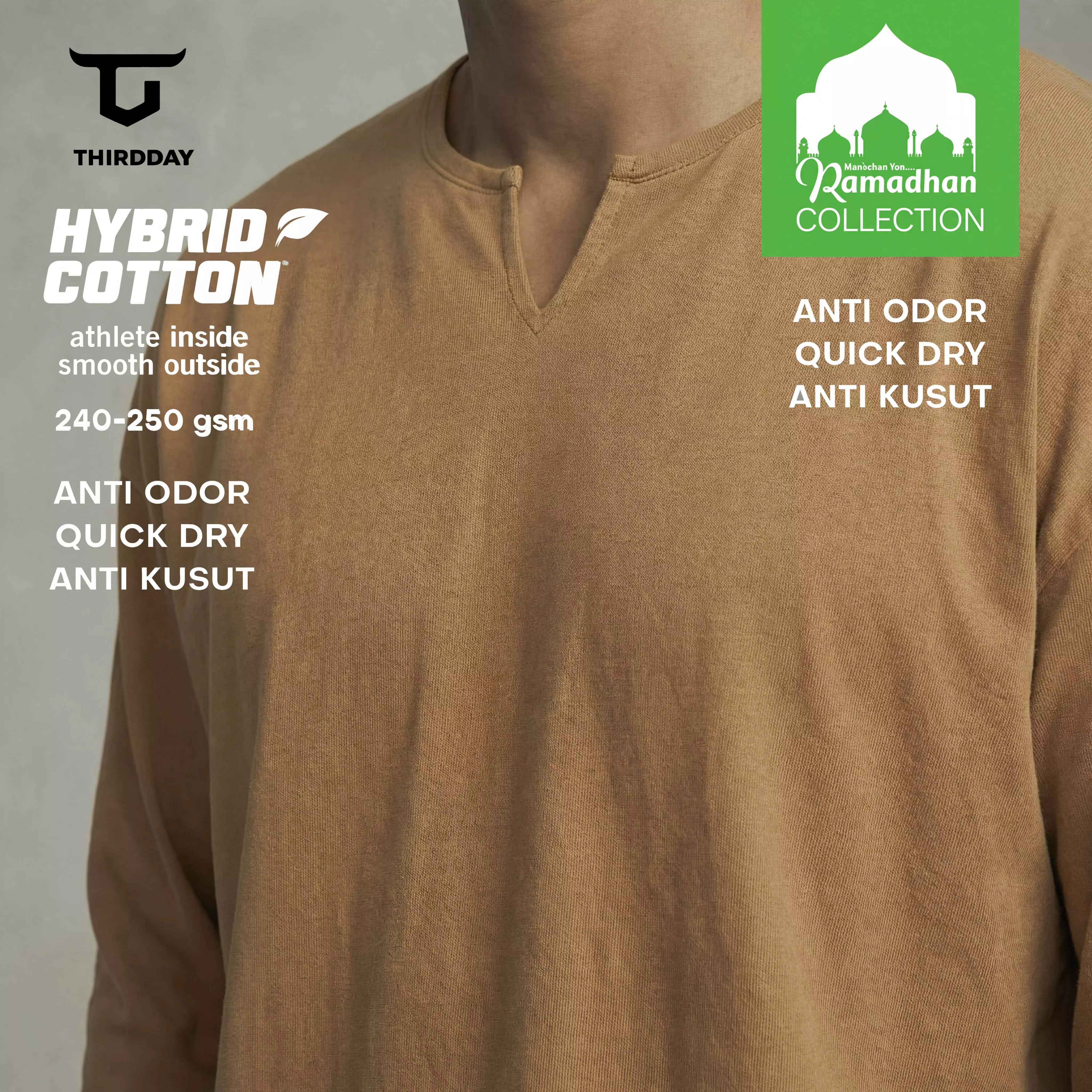 THIRDDAY Baju Koko Oversize Pria Lengan Panjang Kalcer Hybrid Cotton 240gsm coklat khaki MTZ16