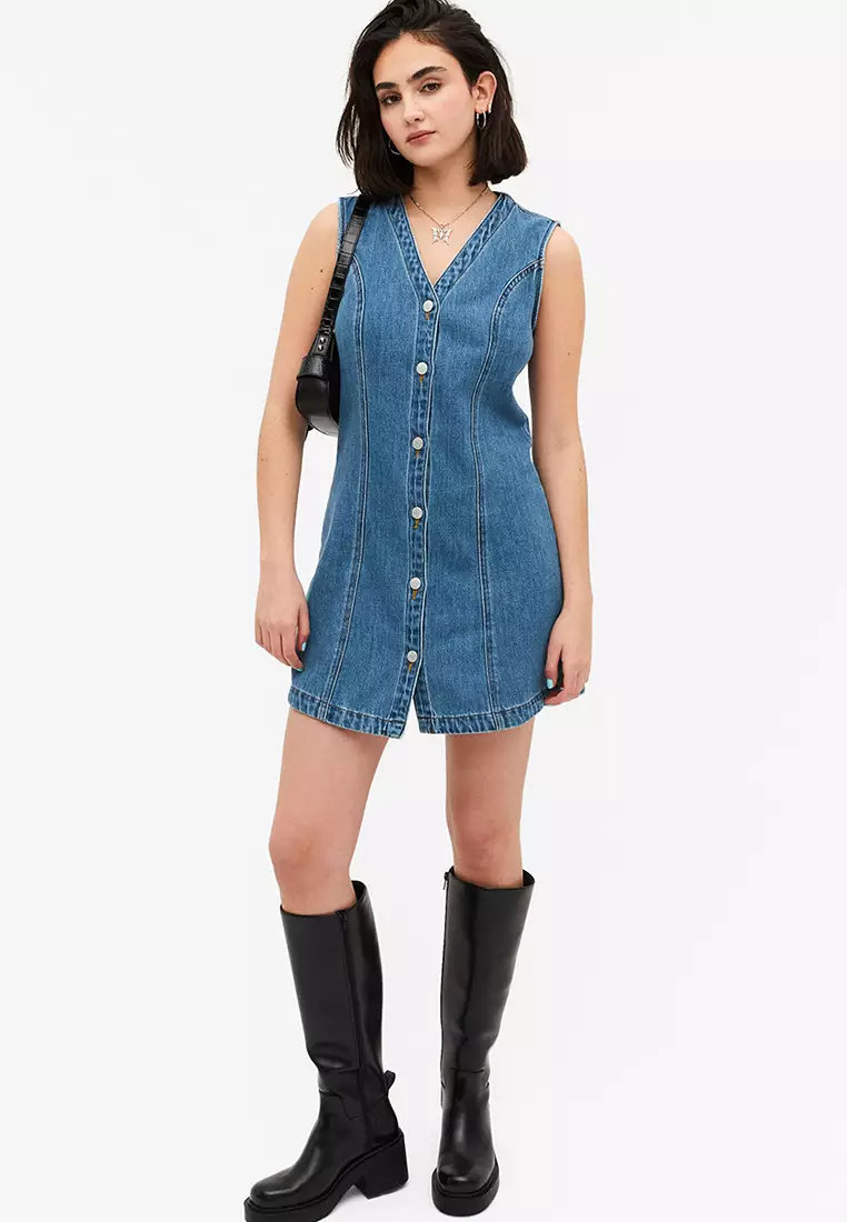 Monki relaxed mini pinafore dress in blue denim