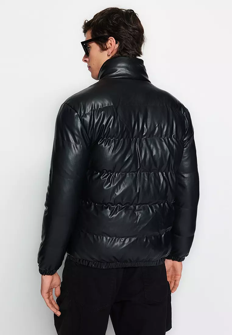 Buy Trendyol Black Men's Regular Fit Stand Up Collar Faux Leather Down