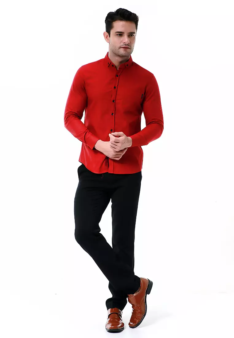 Leopold Kemeja Basic Pria Motif Polos Long Sleeve Material Cotton ORIGINAL - Maroon