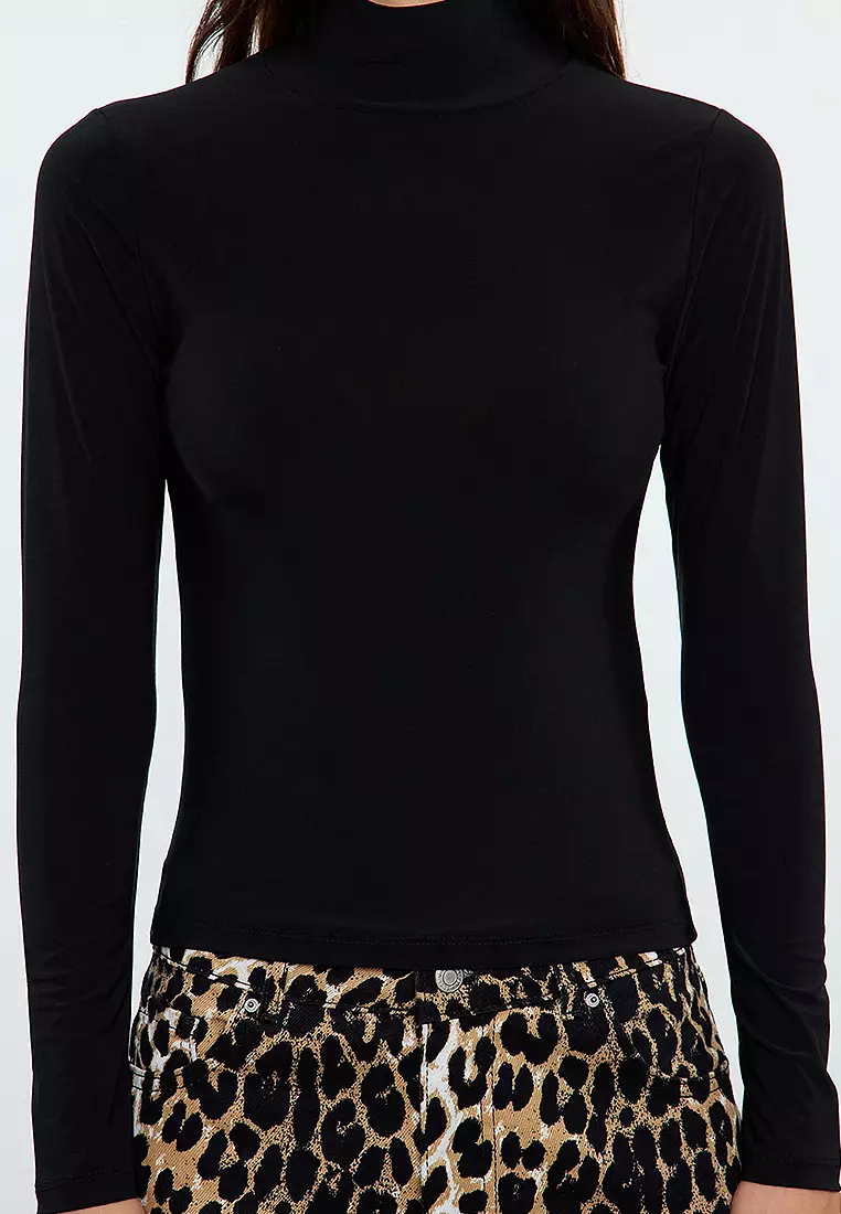 Black Fitted Long Sleeve High Collar Ribbed Stretchy Knitted Blouse
