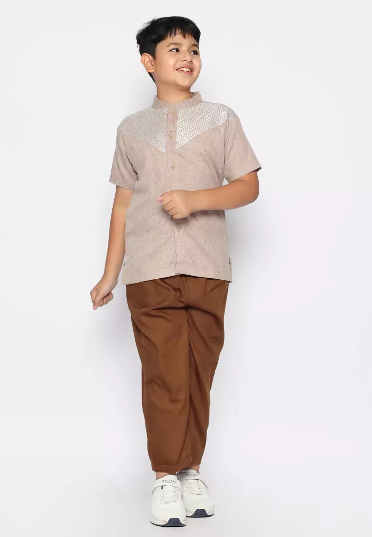 Baju Koko Anak Laki Bordir Arrow Brown Setelan - FOREVER