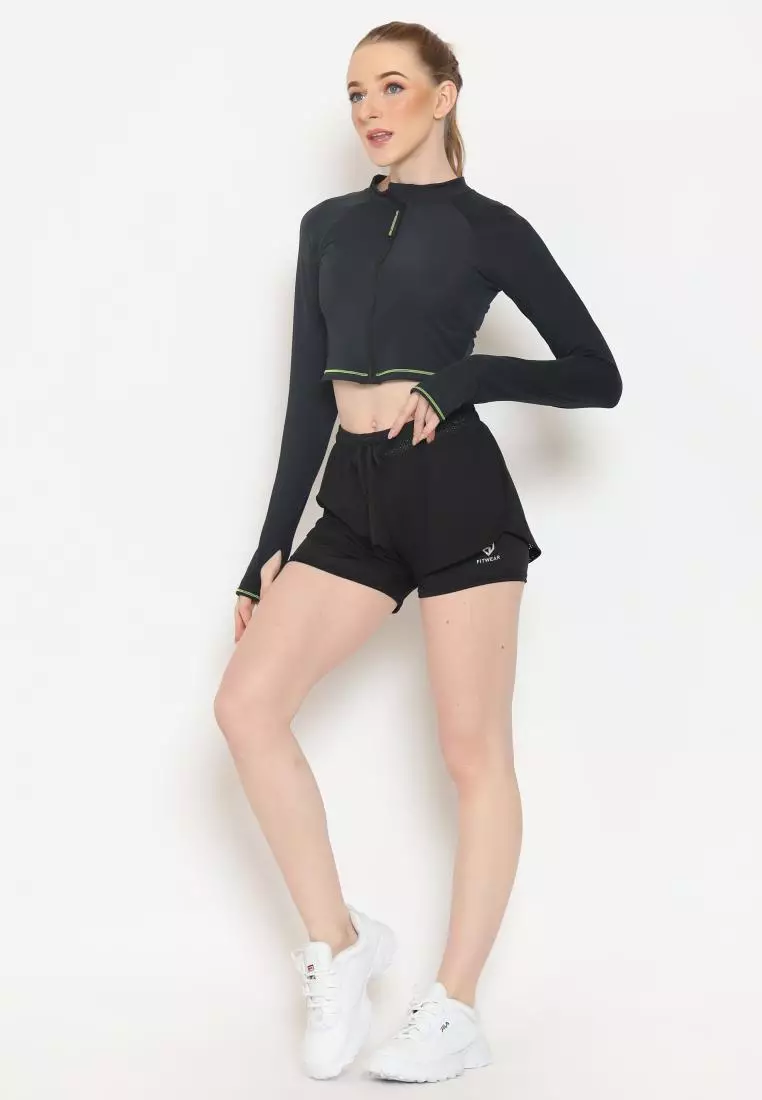 Fitwear - Jaket Crop Zip Front Olahraga Sepeda / Berenang ZENDAYA SLIMFIT LS - NEON