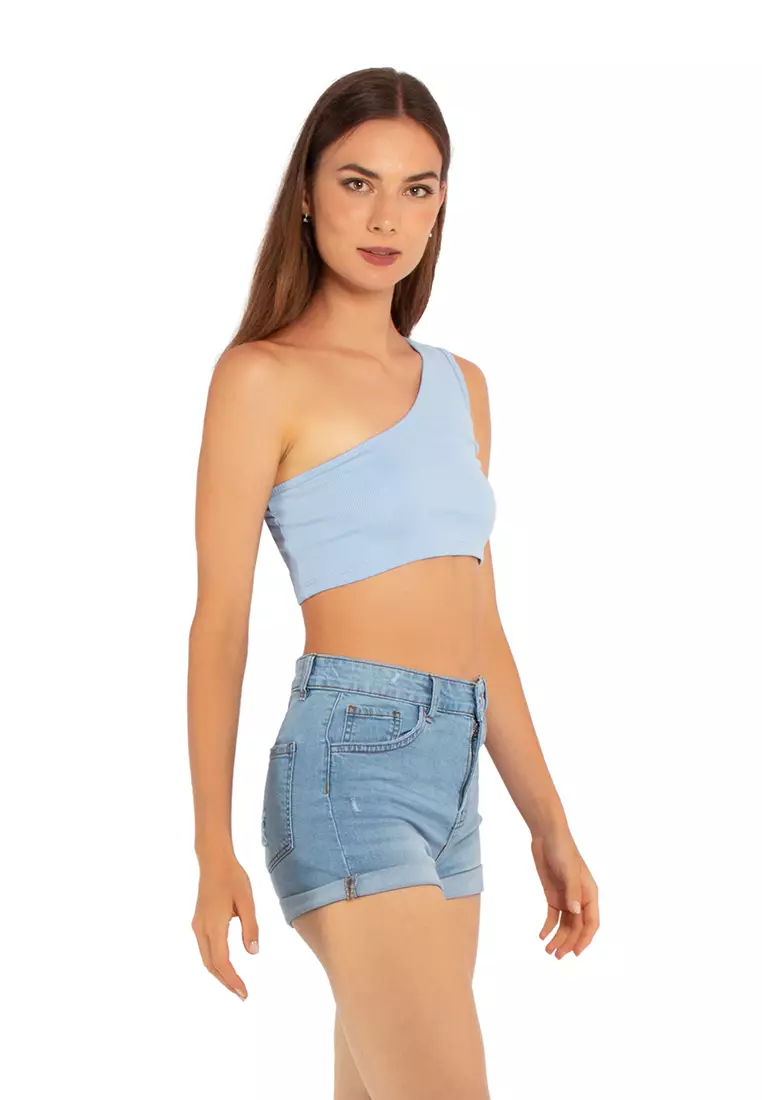 Light Blue Asymmetrical Basic Crop Top