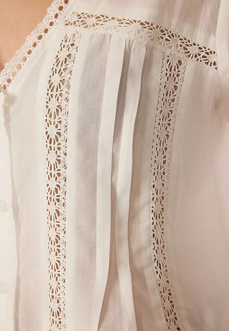Cotton V-Neck 3/4 Sleeves Openwork Blouse