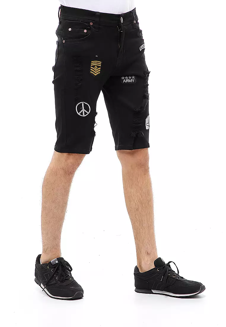 Locko Short Pants Ripped Jeans Celana Pendek Pria Sticker Motive Material Denim ORIGINAL - Black