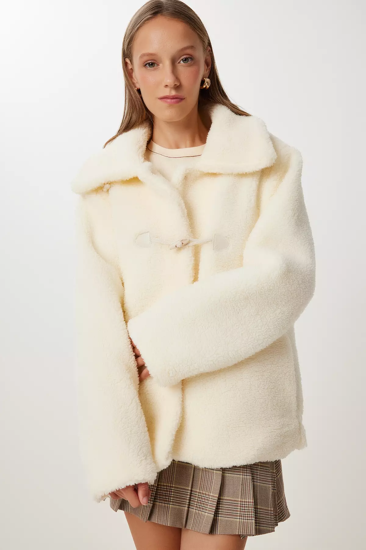 Women's Bone Polo Collar Pocket Plush Coat Gk00023