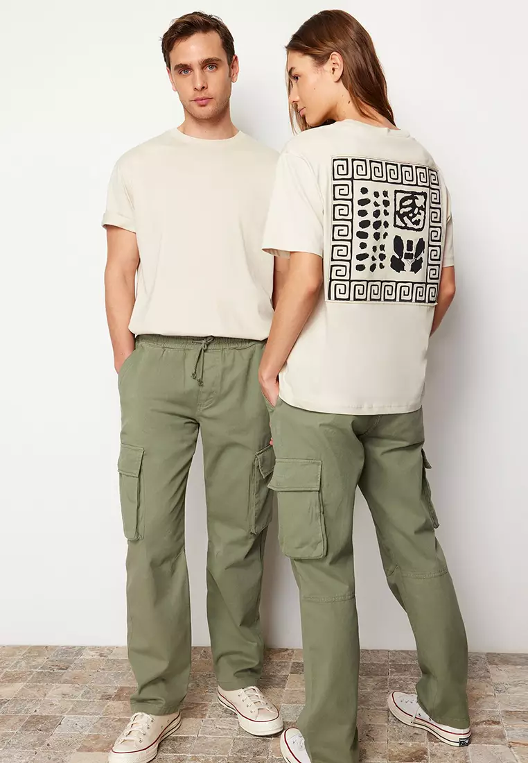 Light Khaki Unisex Regular Fit Elastic Waistband Cargo Pocket Trousers TMNSS24PL00003