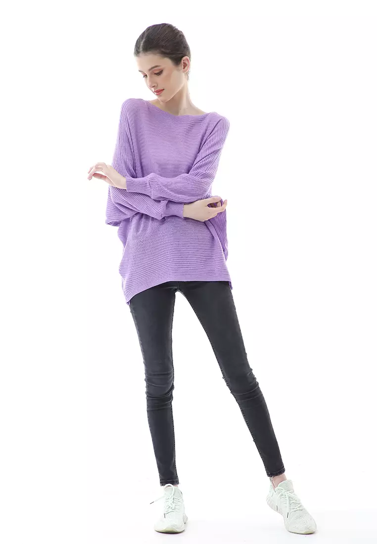 Eveline Sweater Rajut Batwing Atasan Wanita Motif Polos High Quality - Ungu Lilac