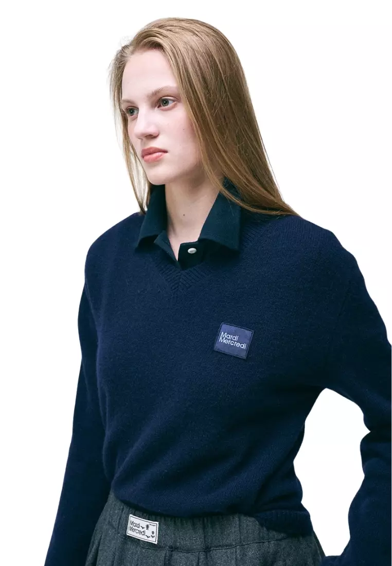 Raccoon Blended V Neck Square Logo - Navy