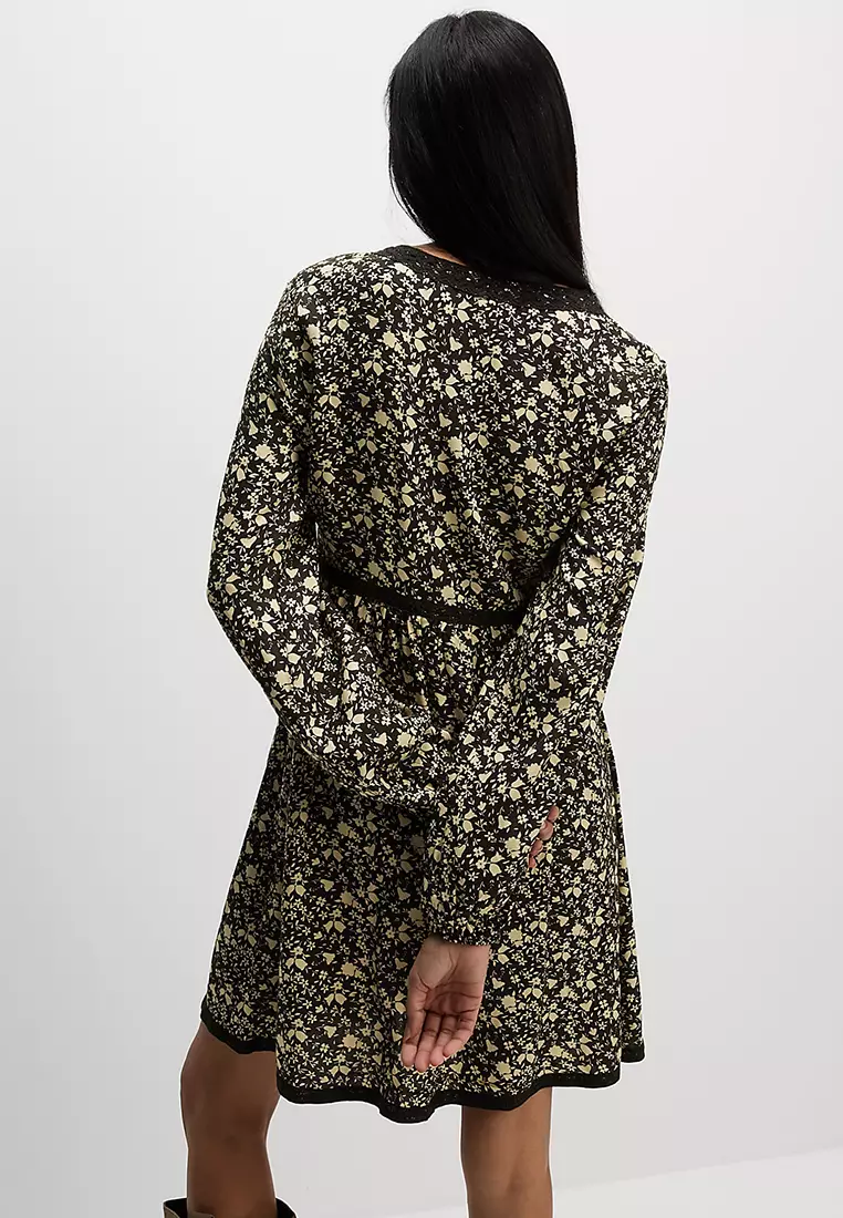 Printed Lace Insert Mini Waisted Dress