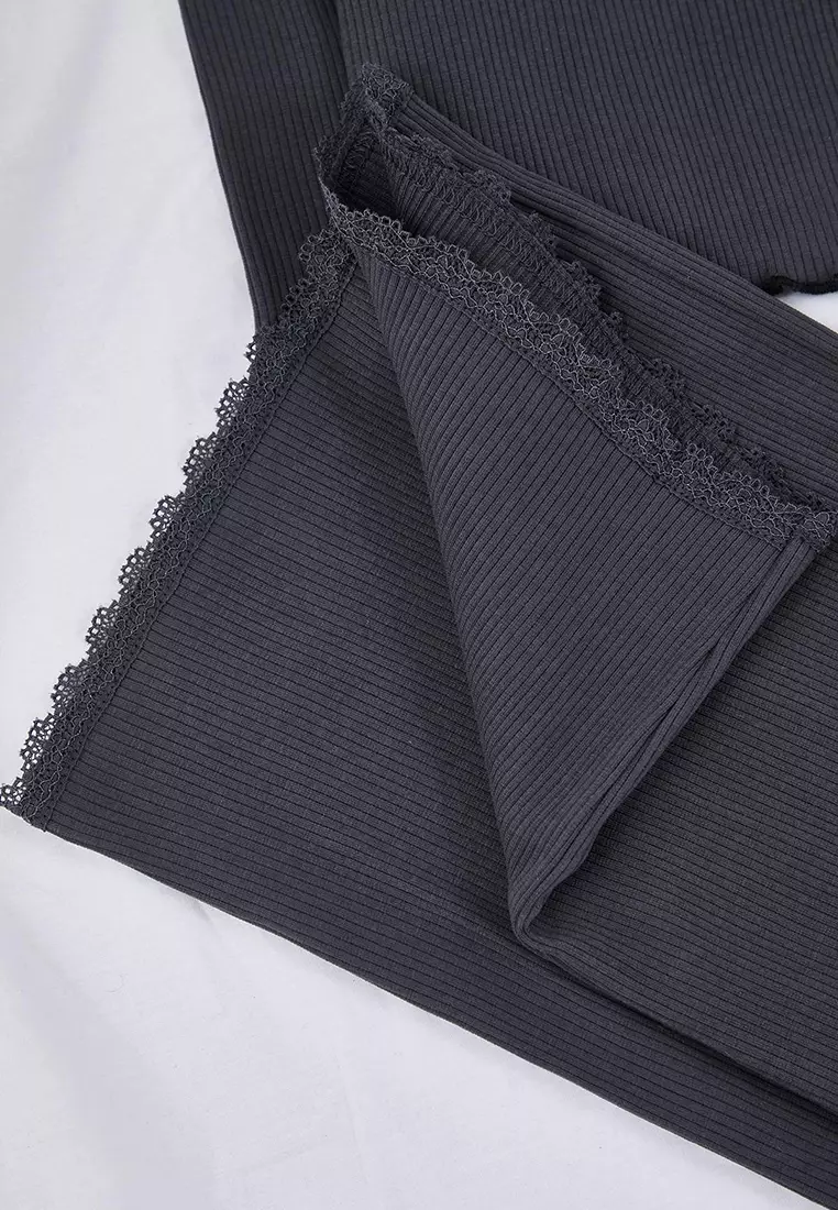 Anthracite Cotton Lace And Ribbon/Bow Detail Corded Fabric Knitted Pajamas Set Tbbaw26Ai00021