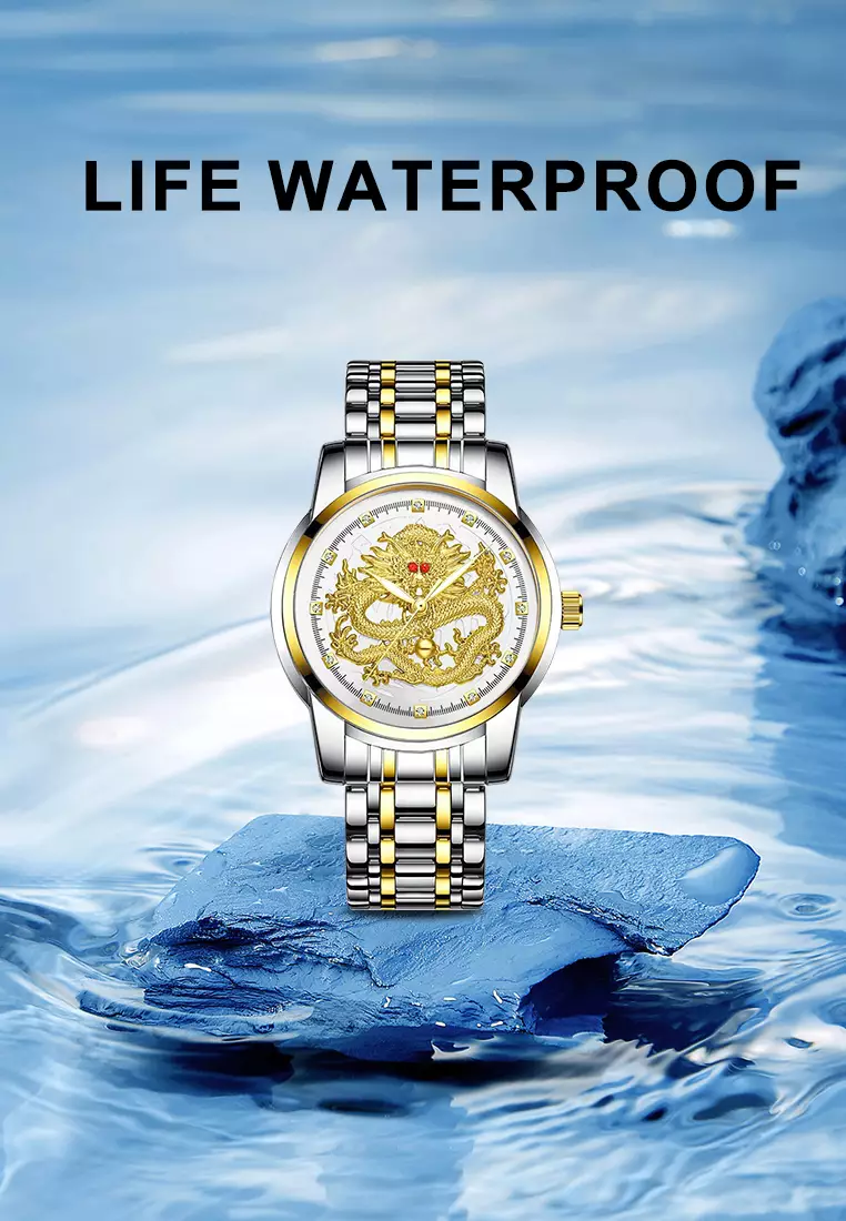 Jam Tangan Pria 9002 Naga Emas Stainless Steel Quartz Original Dragon Gold Kuning Jam Tangan Cowok white