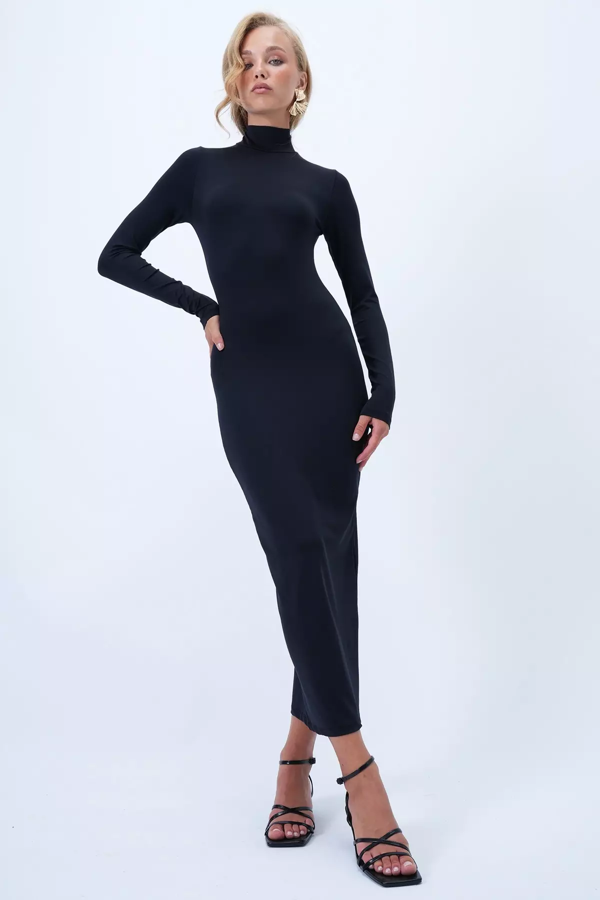 Women'S Black Stand Collar Backless Maxi Length Sandy Dress Alc-X14385
