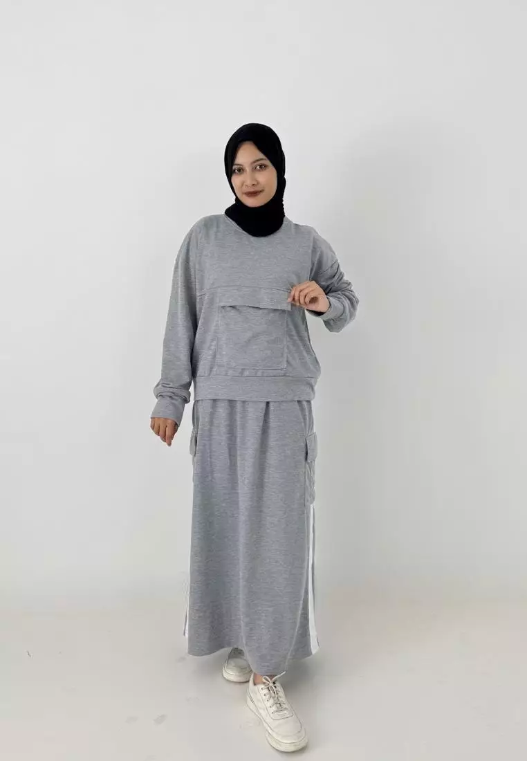 Set Sporty Skirt Hilda (Setelan Training Olahraga Wanita) Abu Abu - Sweater Rok
