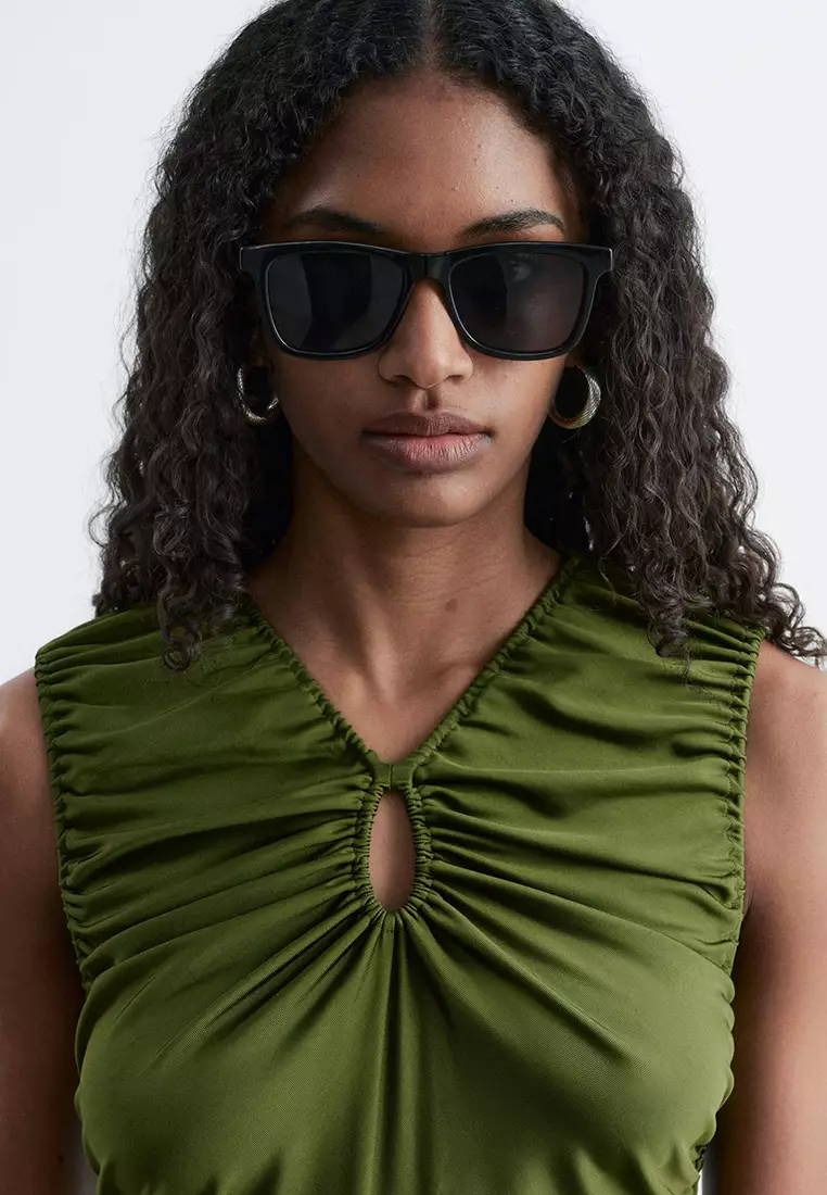 Ruched Keyhole-Neck Midi Dress