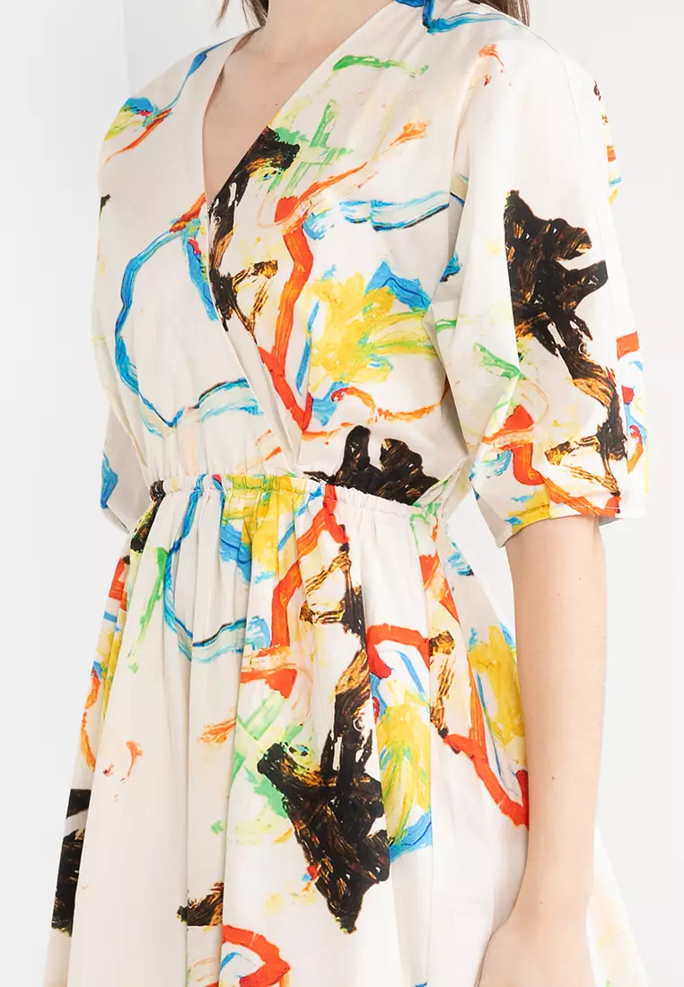 Wrap Front V Neck Printed Dress