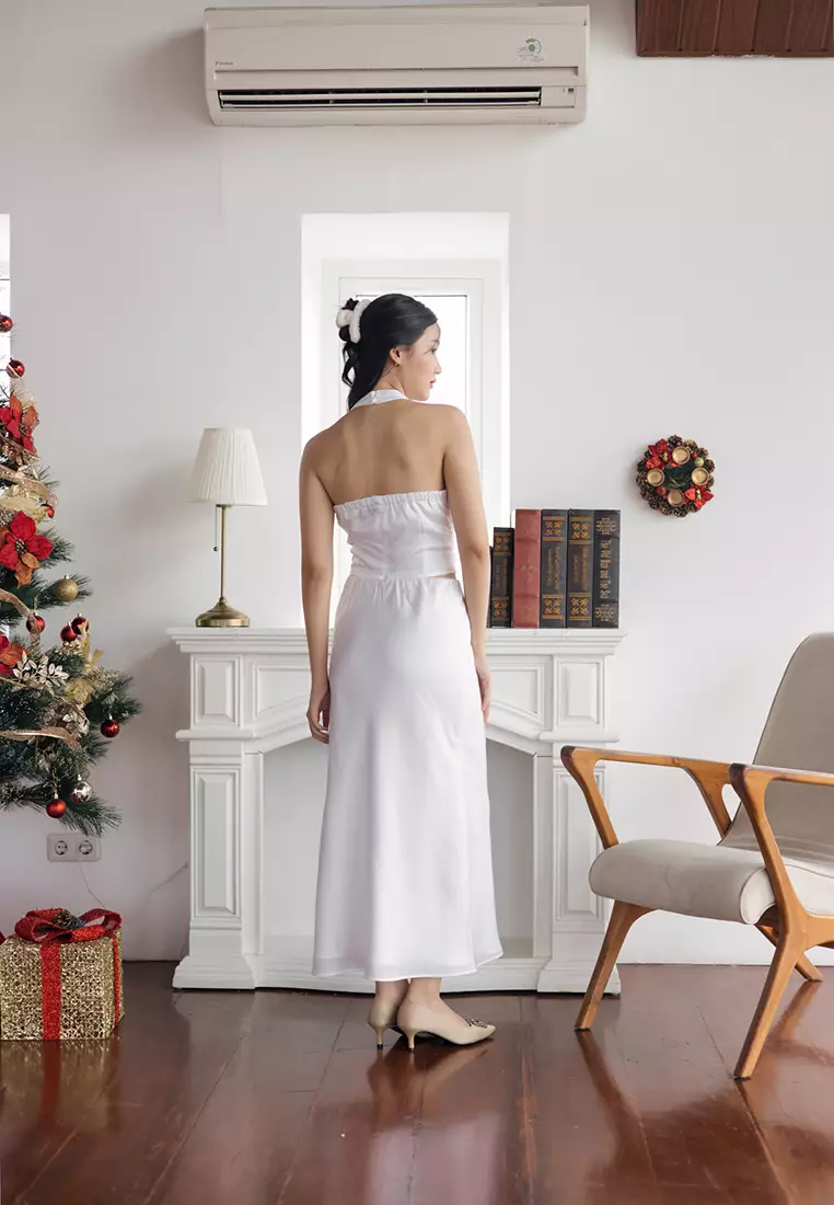 Satin Tie Halter Tank in White