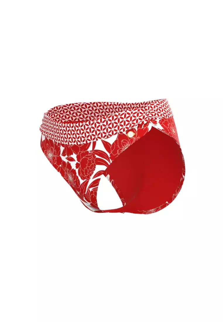 Bold Bloom紅色拼花褶腰帶比基尼泳褲